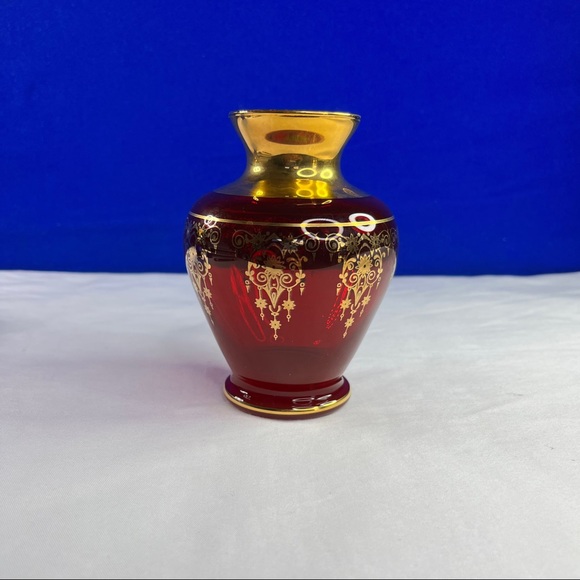 Red Vecchia Murano Art Glass Vases - 5” tall - 24k gold leaf - Picture 3 of 6